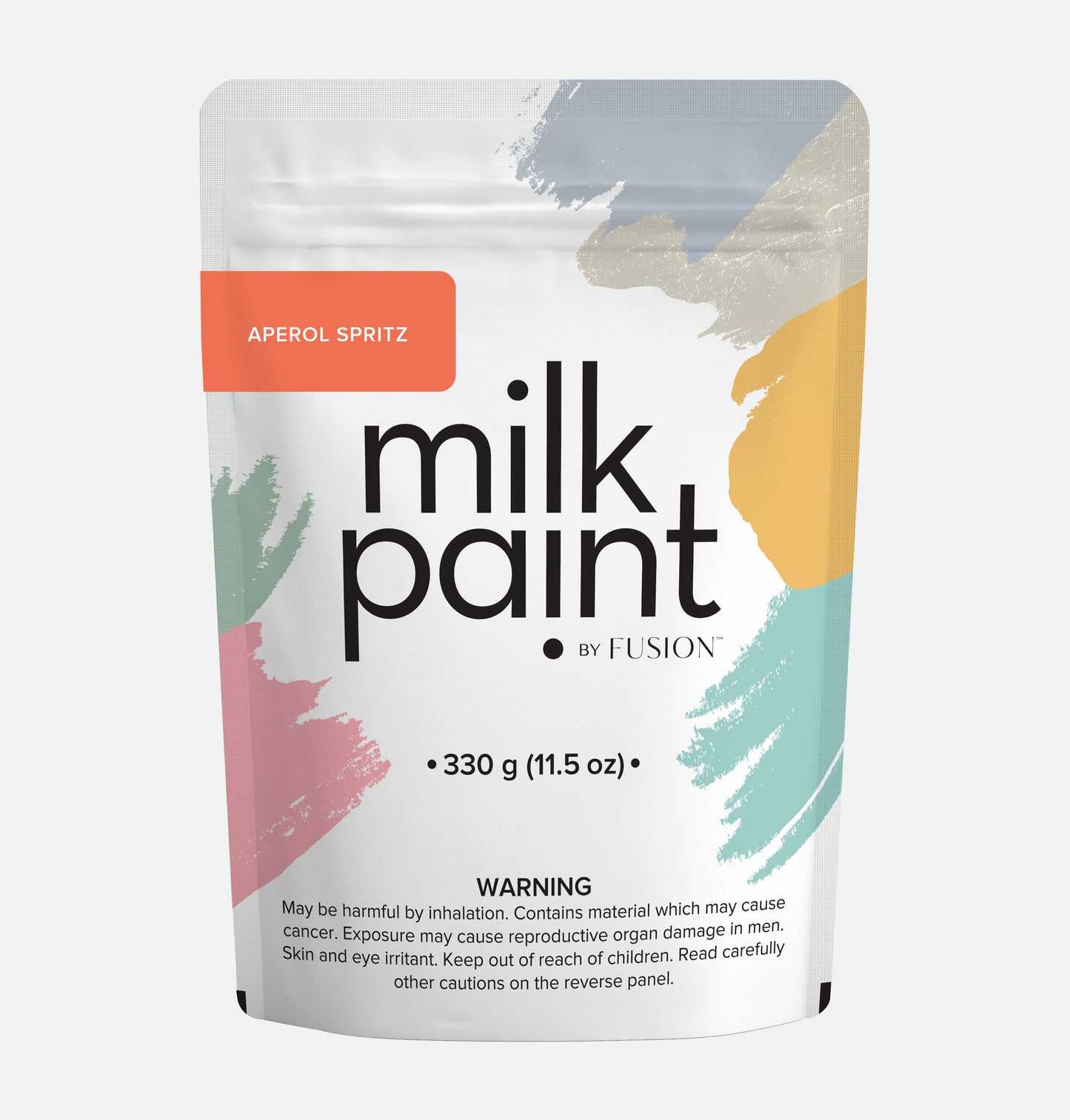 Packaging of milk paint by Fusion with colorful design on a white background