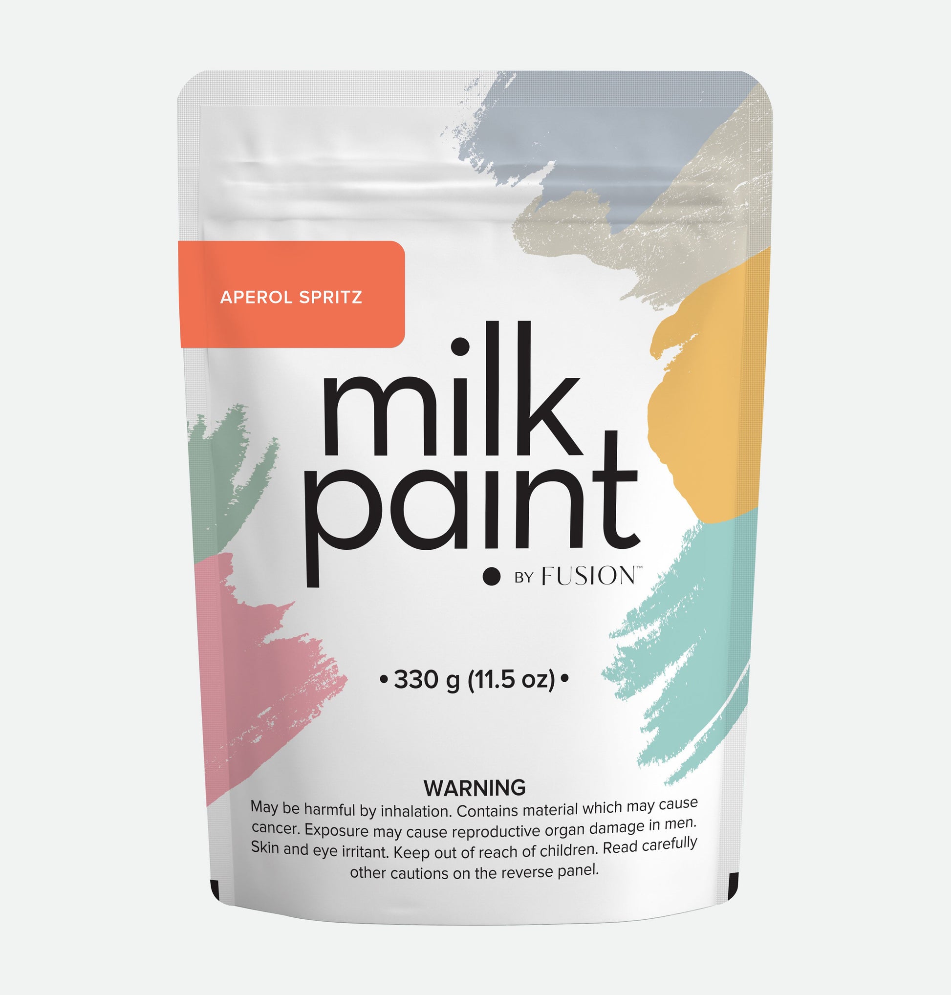 Packaging of milk paint by Fusion with colorful design on a white background