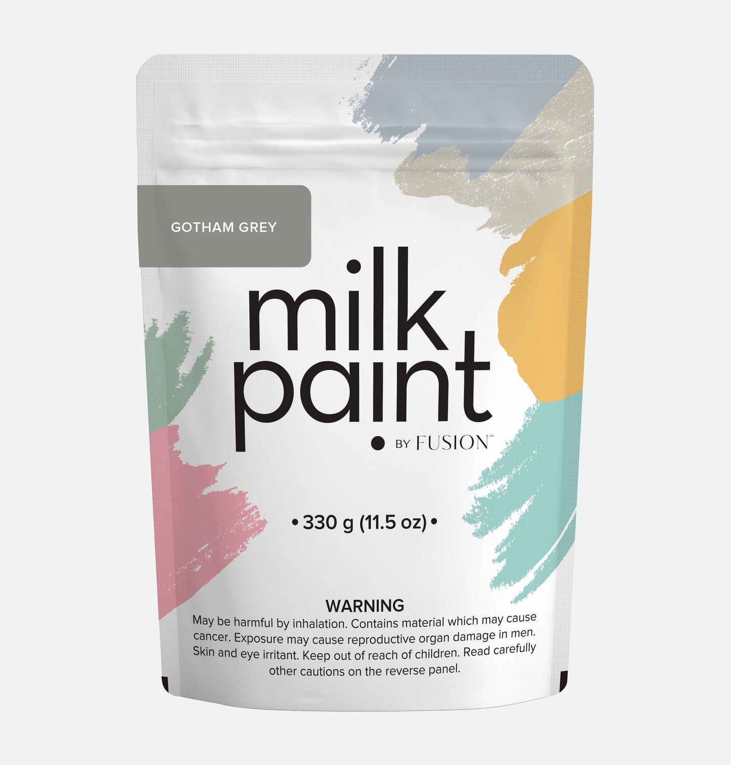 Packaging of milk paint by Fusion with colorful abstract designs on a white background