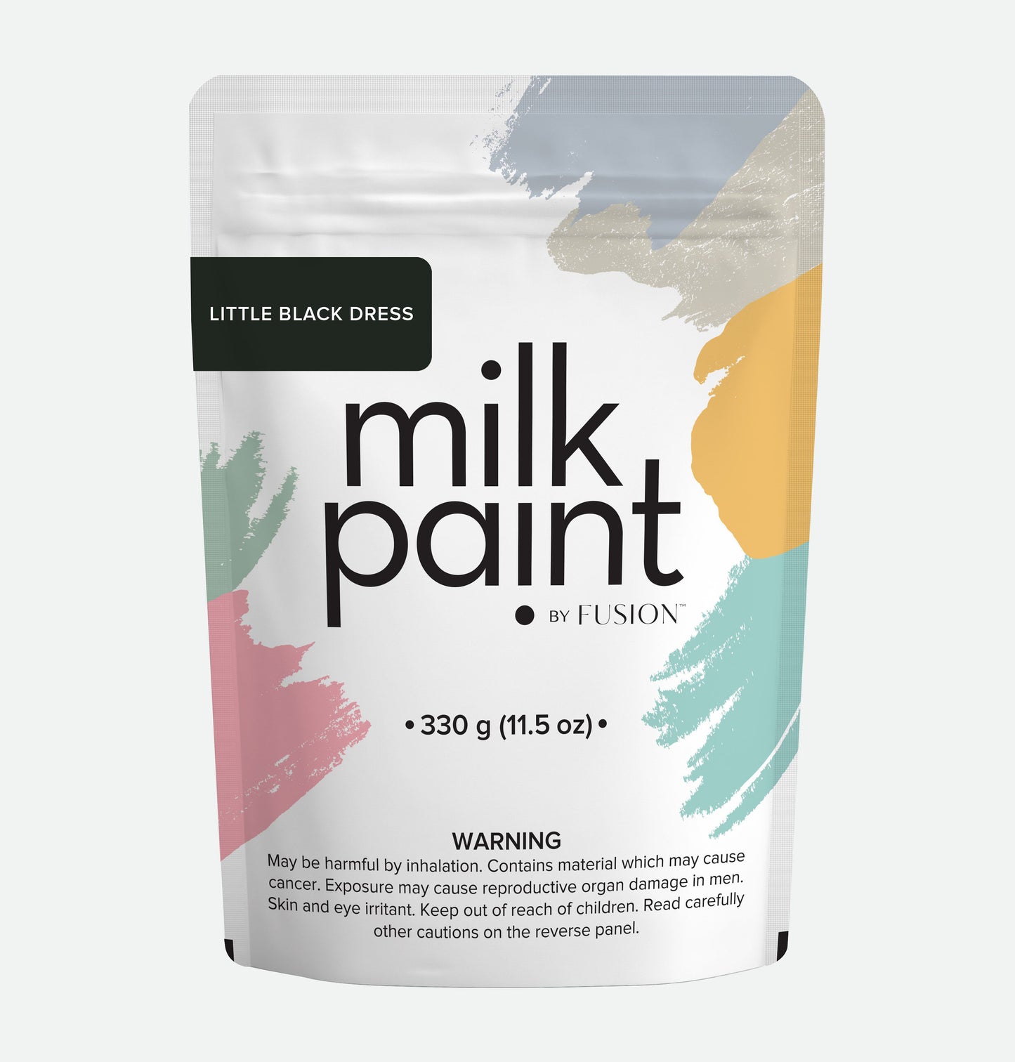 Packaging of milk paint by Fusion with colorful abstract designs on a white background