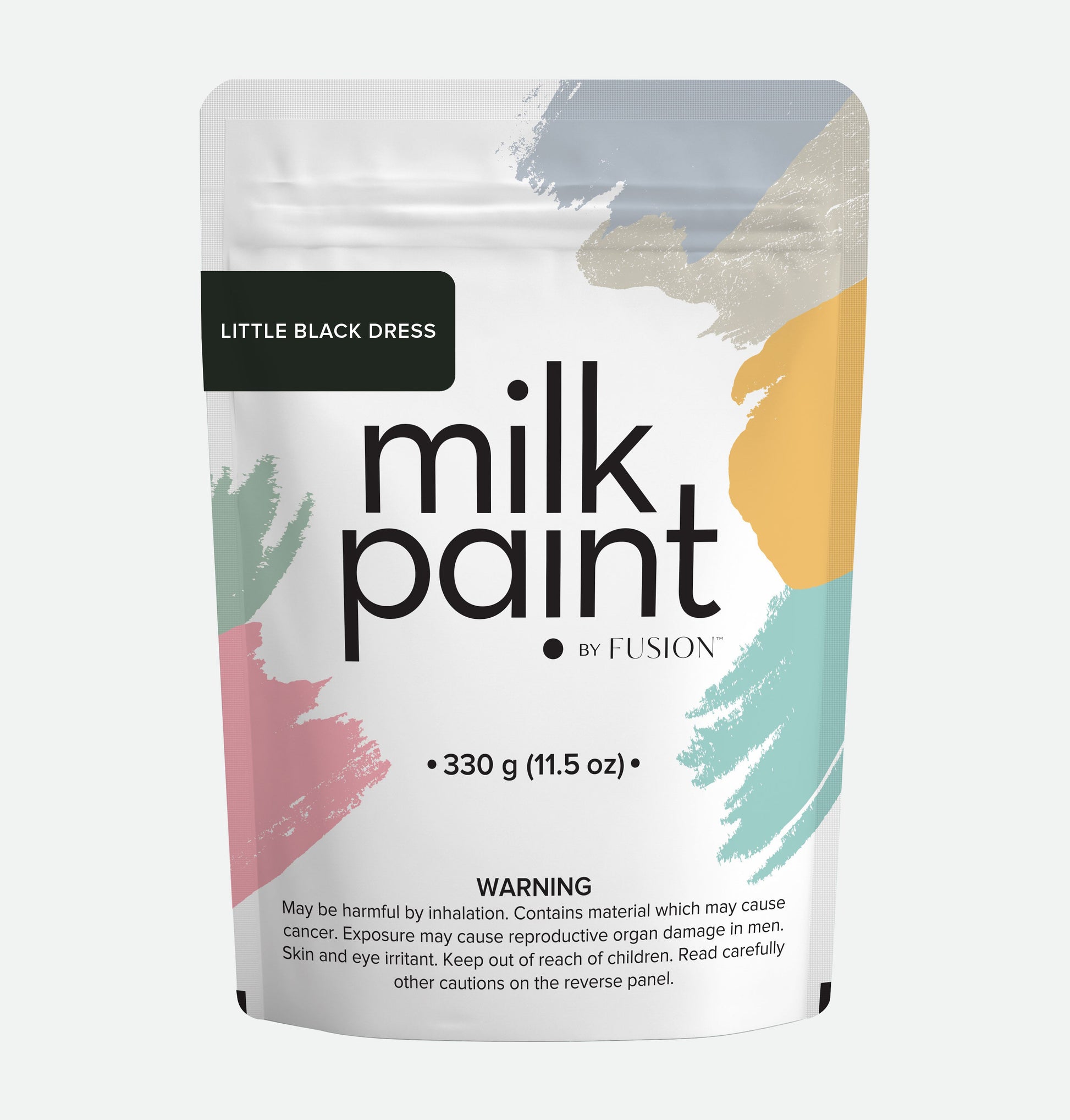 Packaging of milk paint by Fusion with colorful abstract designs on a white background