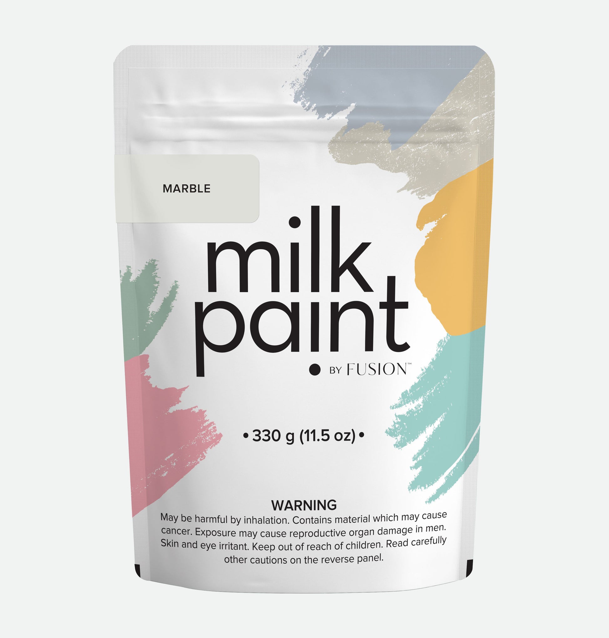 Packaging of milk paint by Fusion with colorful abstract designs on a white background
