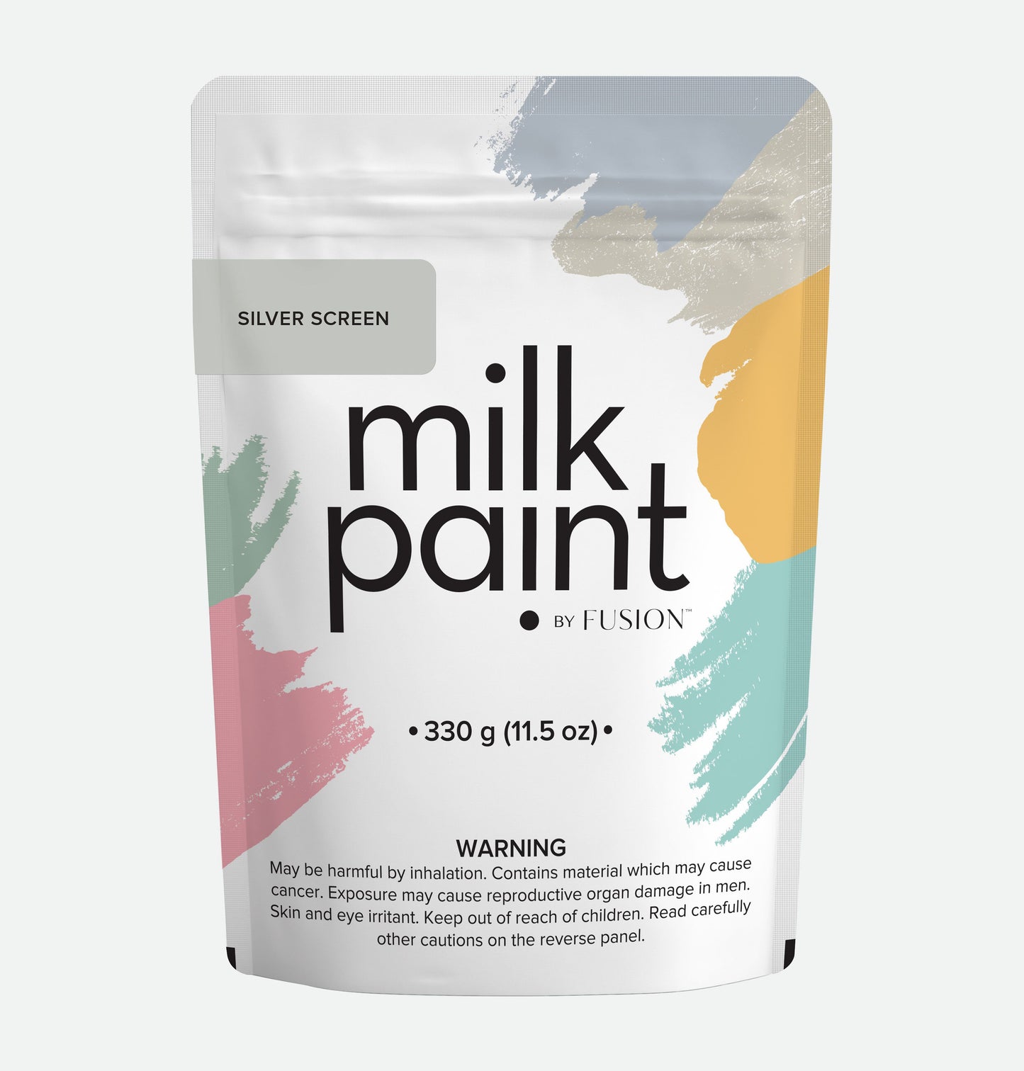 Packaging of milk paint by Fusion with colorful abstract designs on a white background