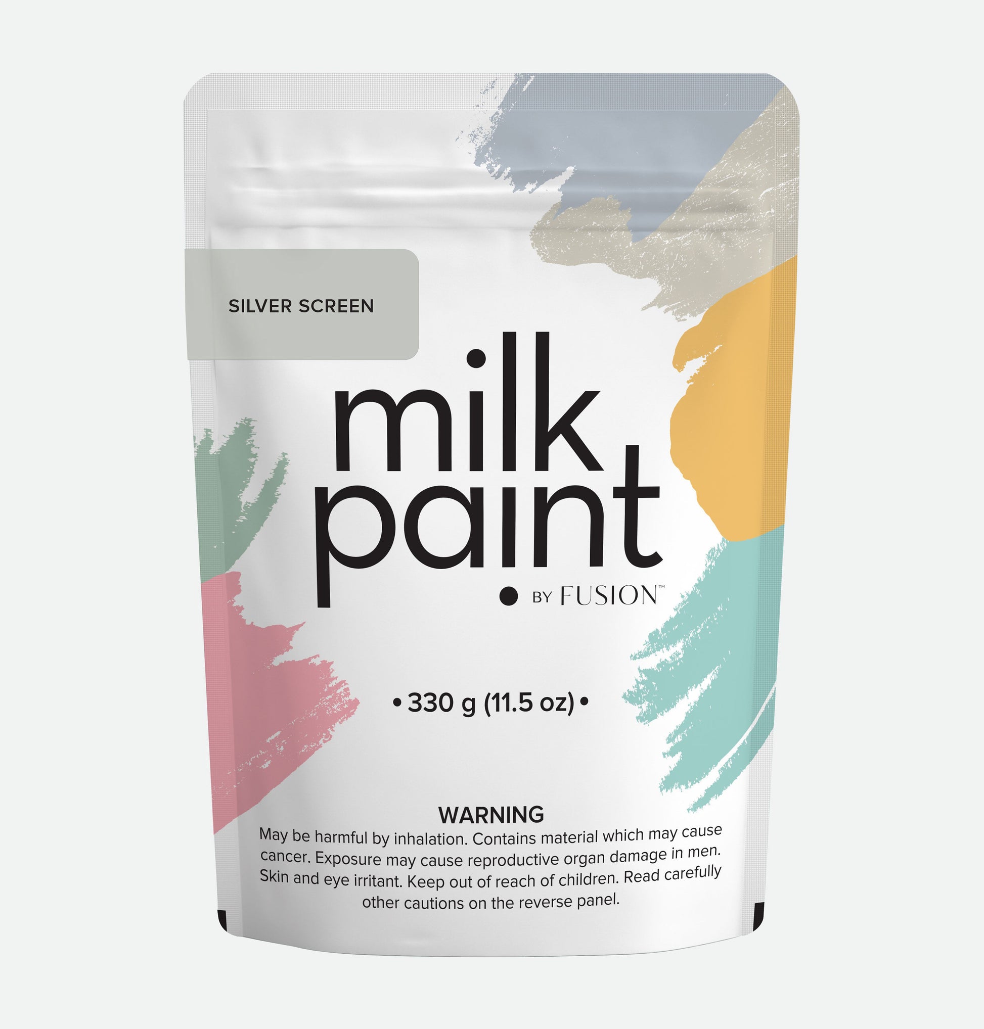 Packaging of milk paint by Fusion with colorful abstract designs on a white background