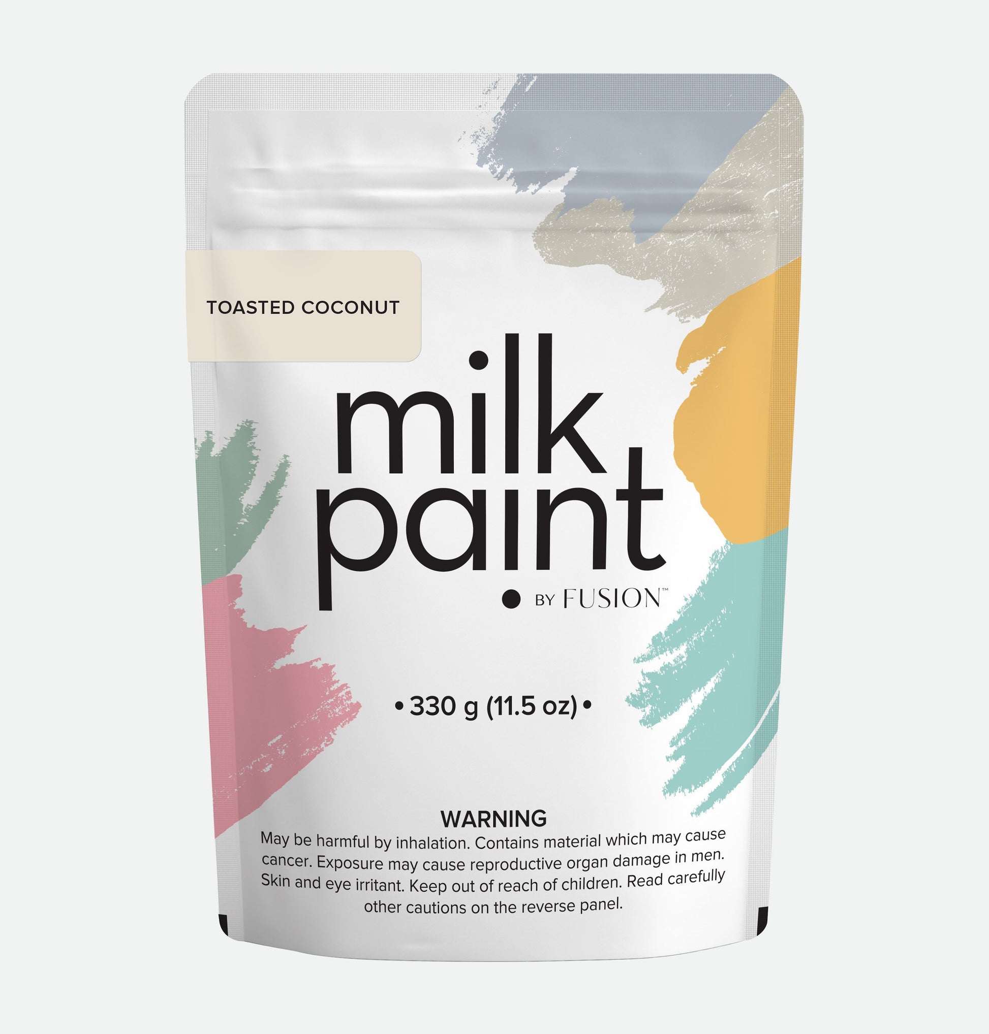 Package of milk paint by Fusion with colorful design on a white background