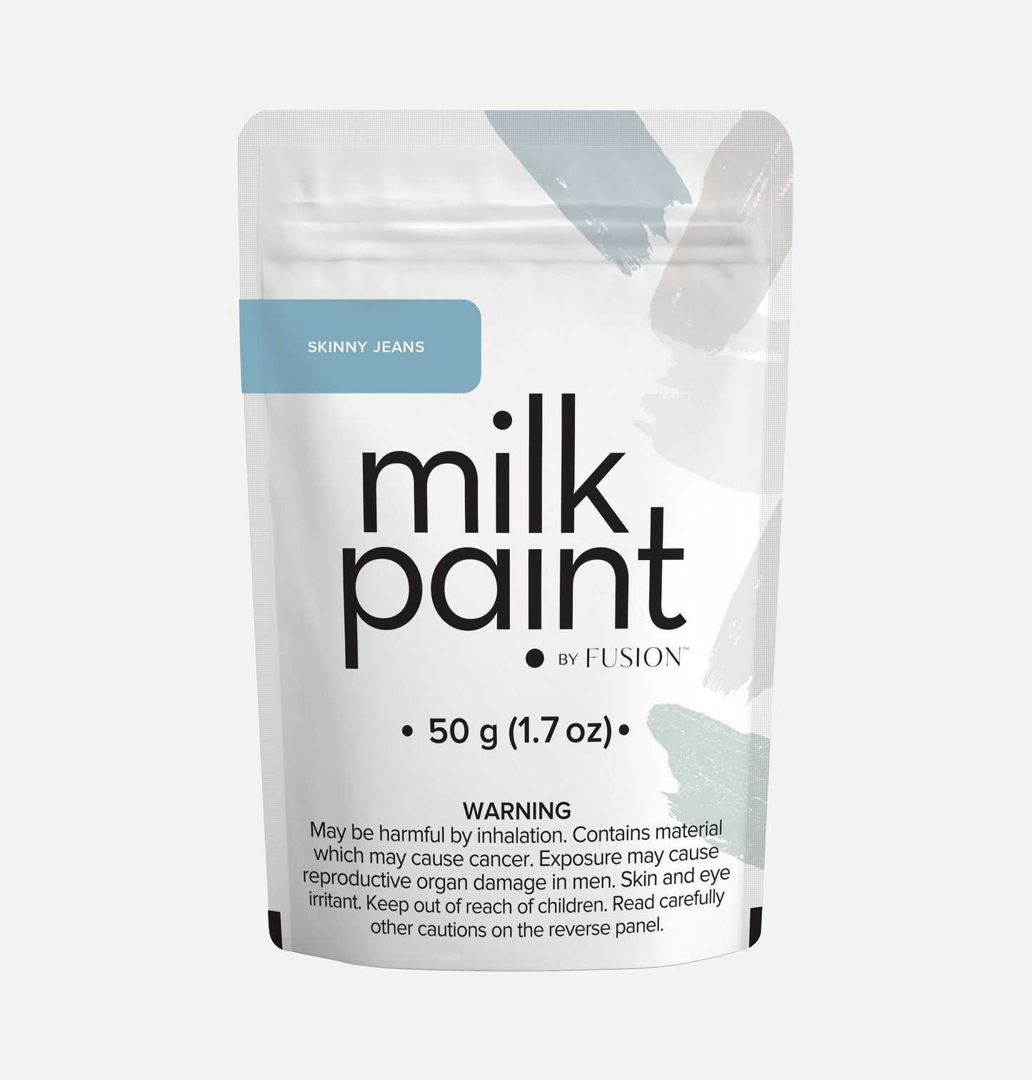 Packaging of milk paint by Fusion with a warning label on a white background