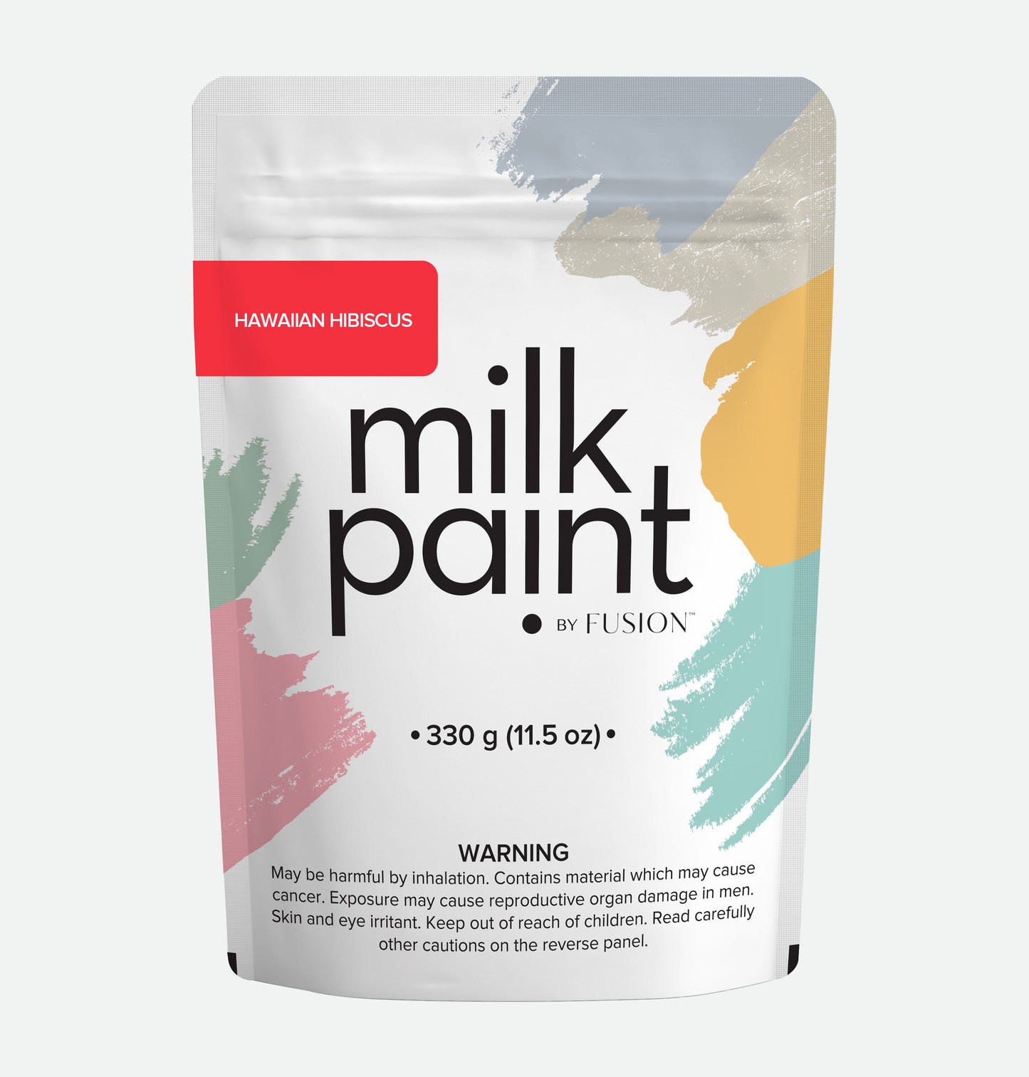 Packaging of Fusion milk paint with colorful design on a white background