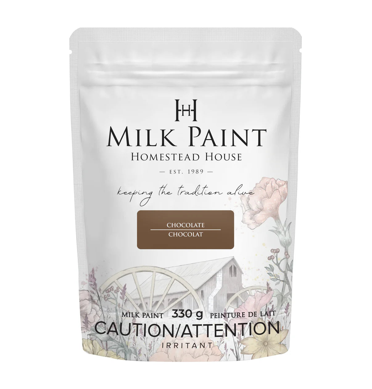 Milk paint packaging with branding and product details on a white background