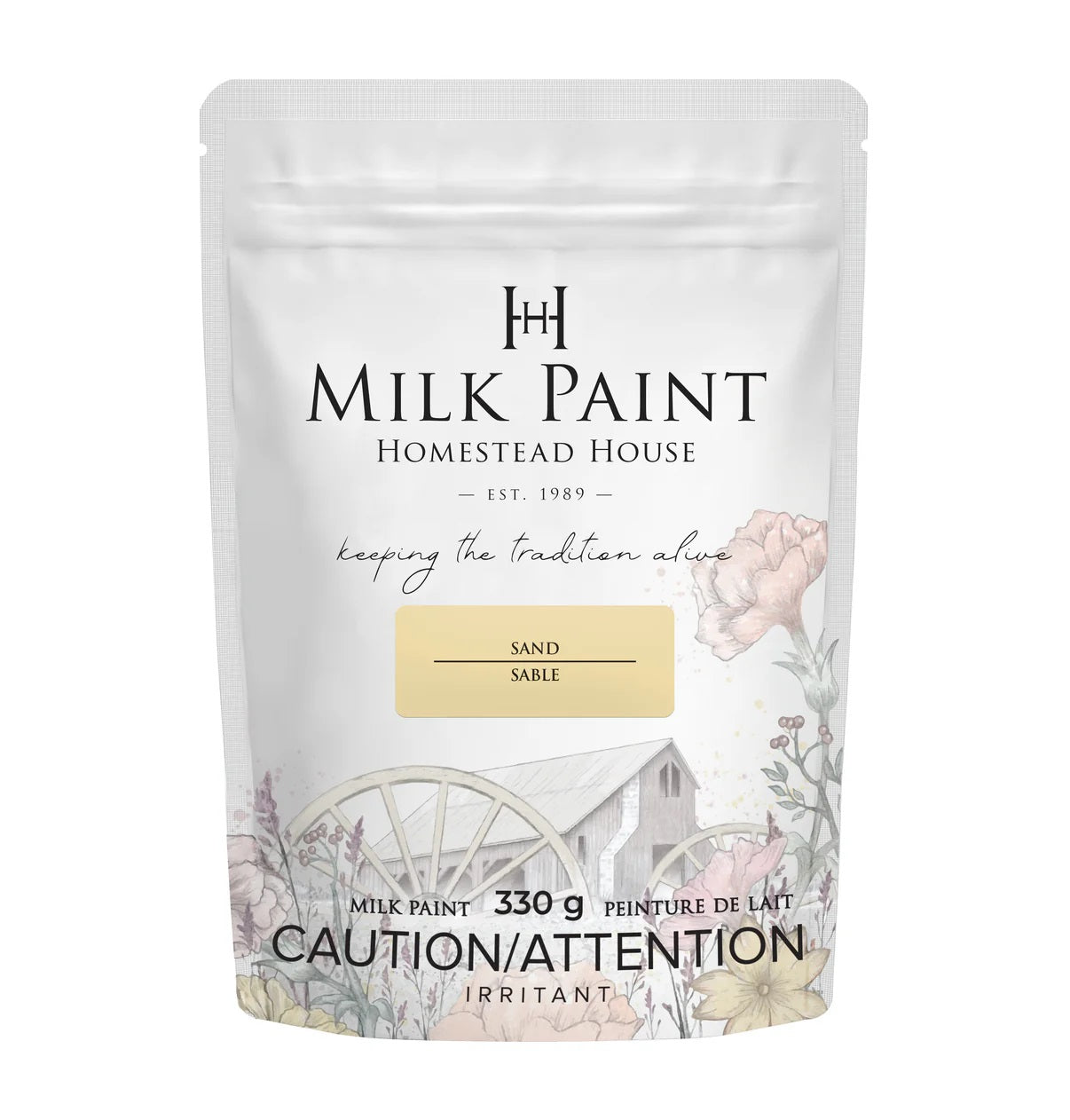 Milk paint packaging with branding and product details on a white background