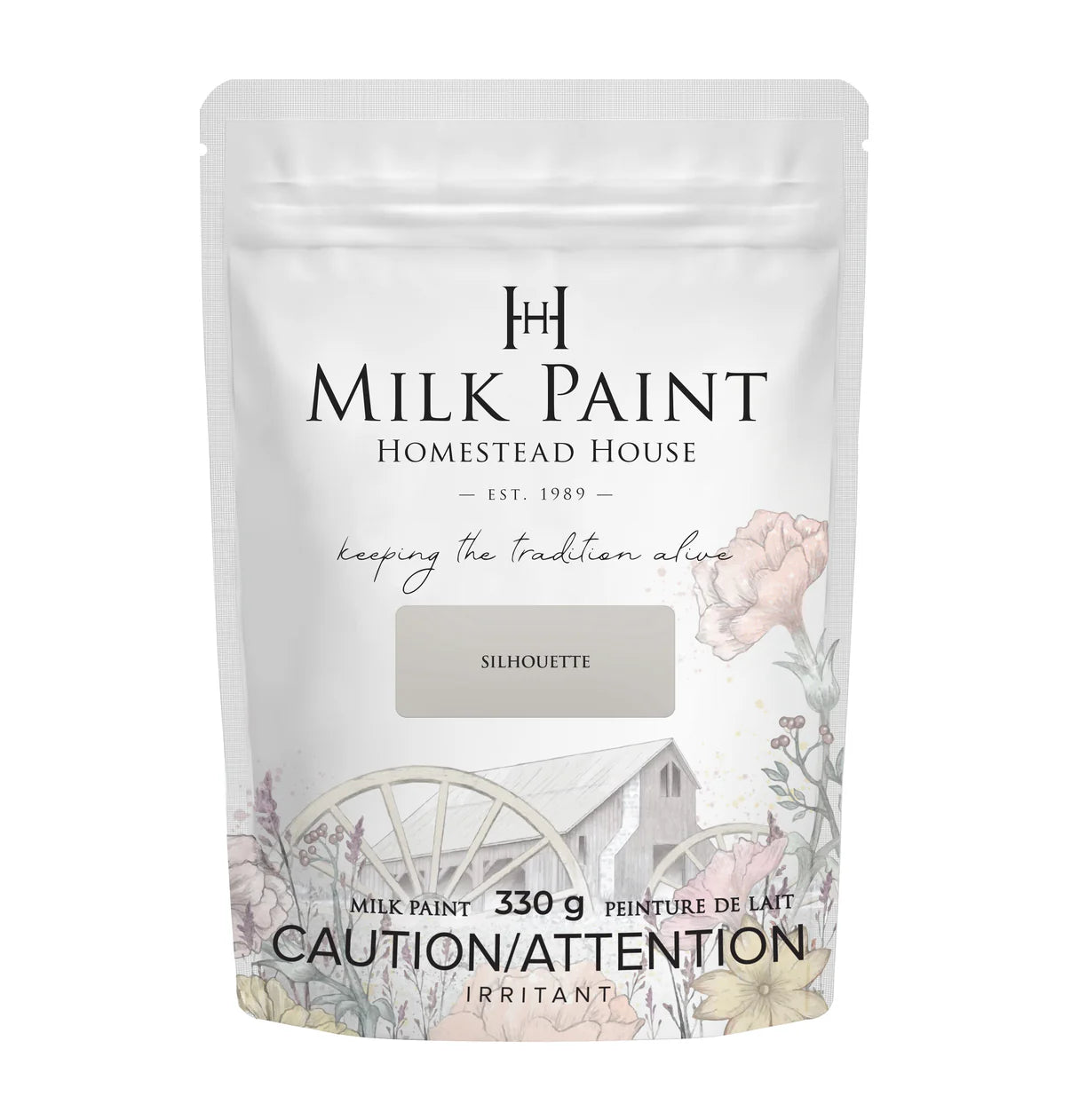 Milk paint packaging with branding and product details on a white background