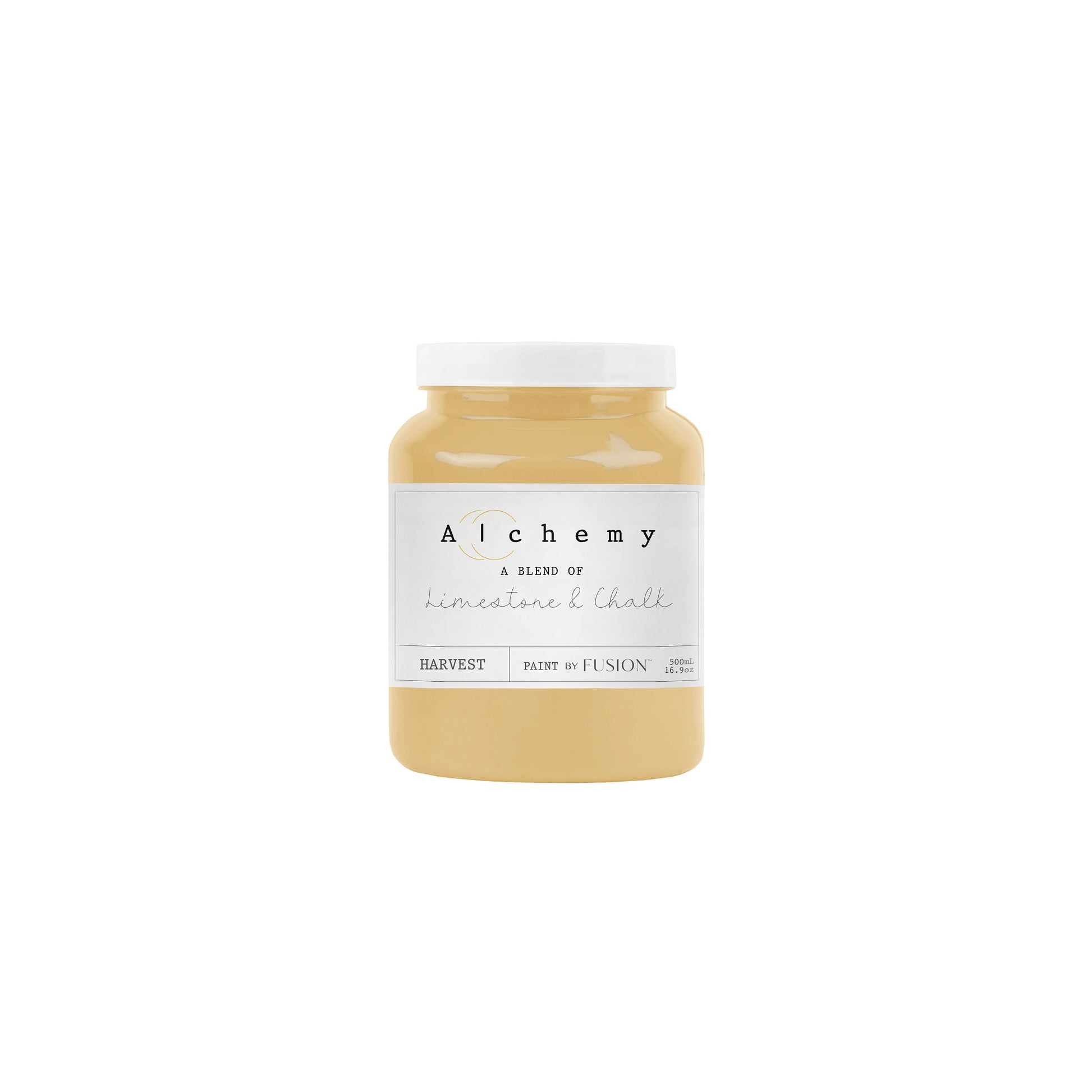 A jar of Alchemy by Fusion Harvest chalk paint in antique yellow color.
