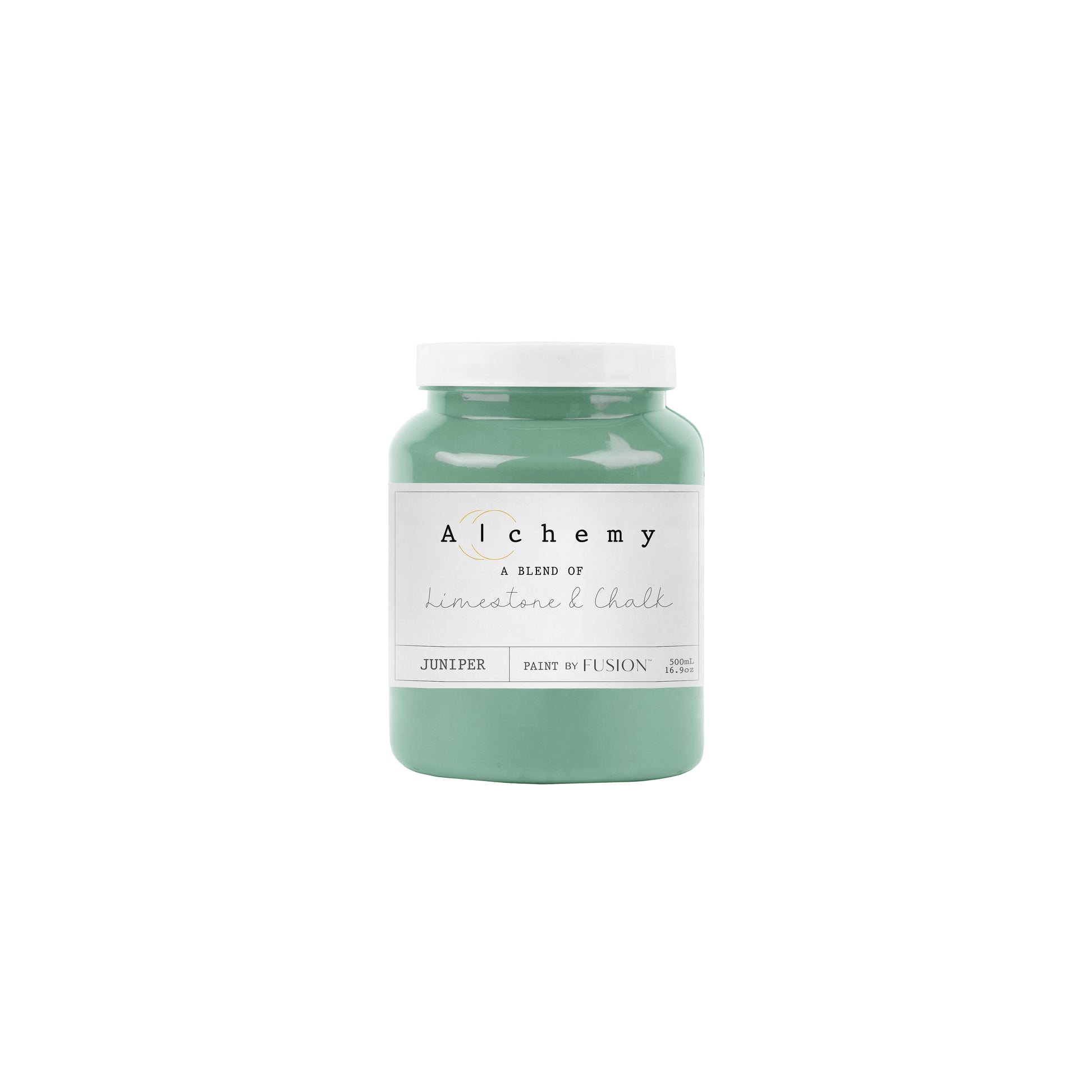 A jar of Alchemy by Fusion chalk paint in a mid-tone green color with blue undertones, labeled 'Juniper'.