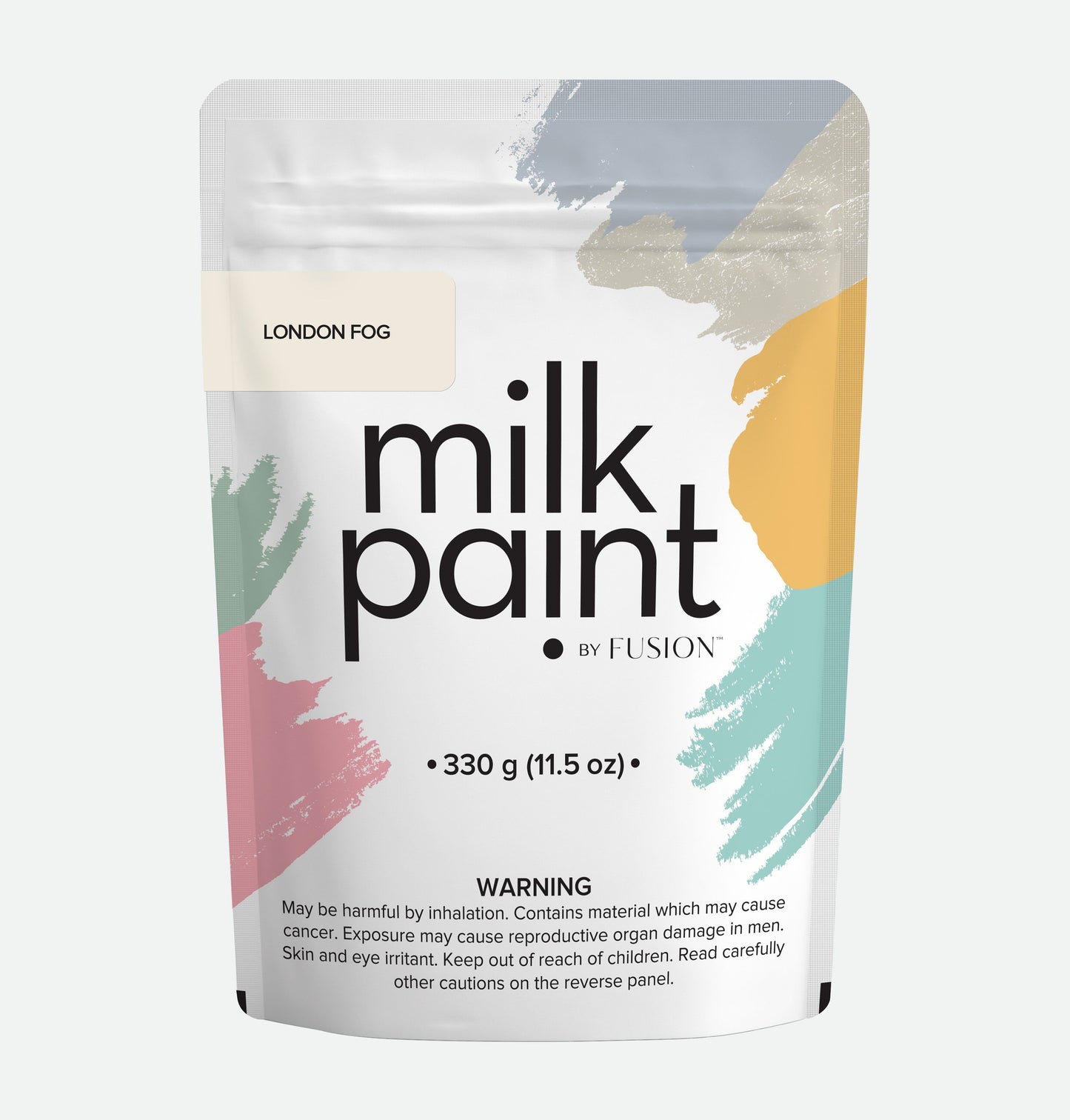 Packaging of milk paint by Fusion with colorful abstract designs on a white background