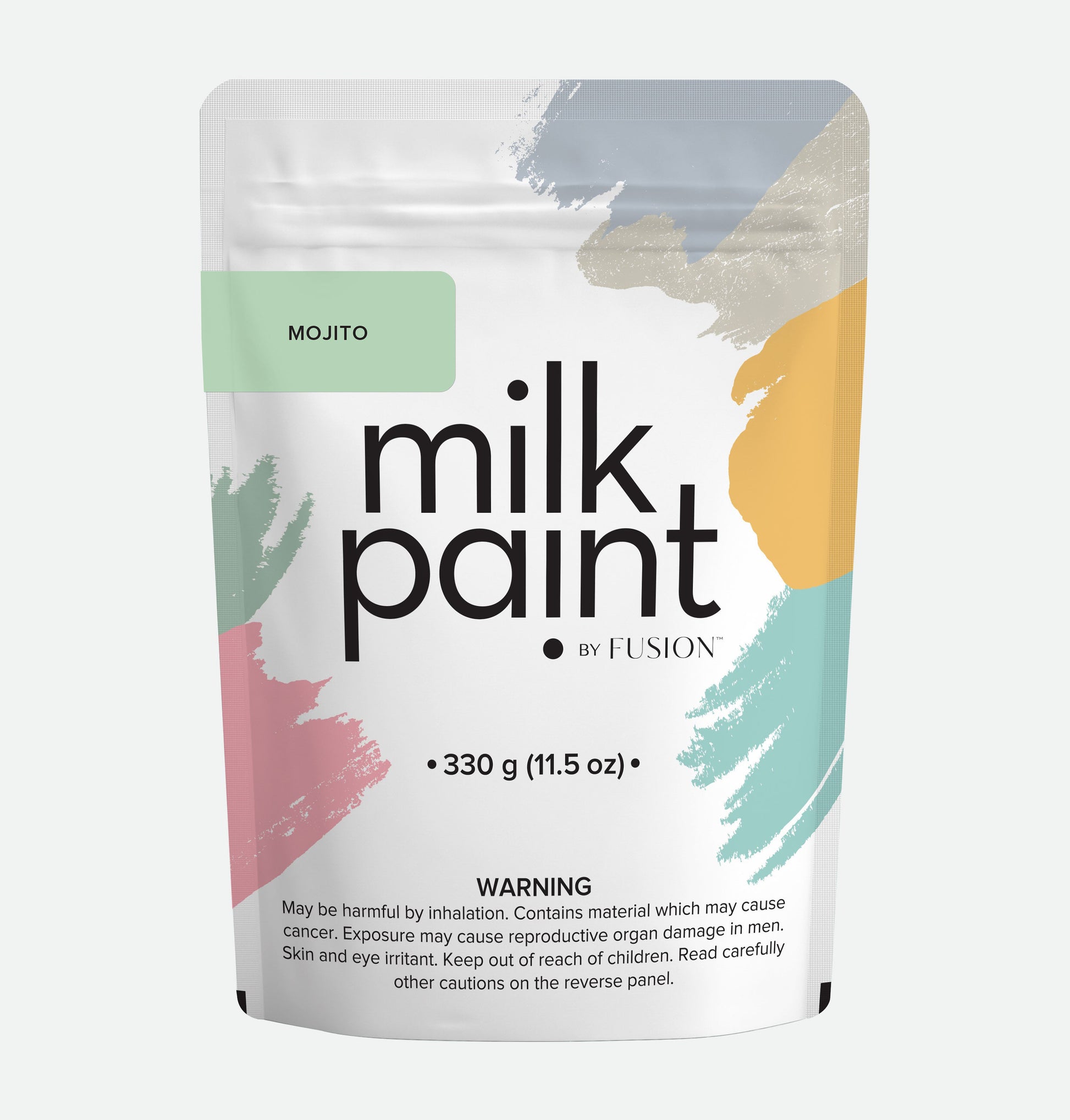 Packaging of milk paint by Fusion with colorful design on a white background