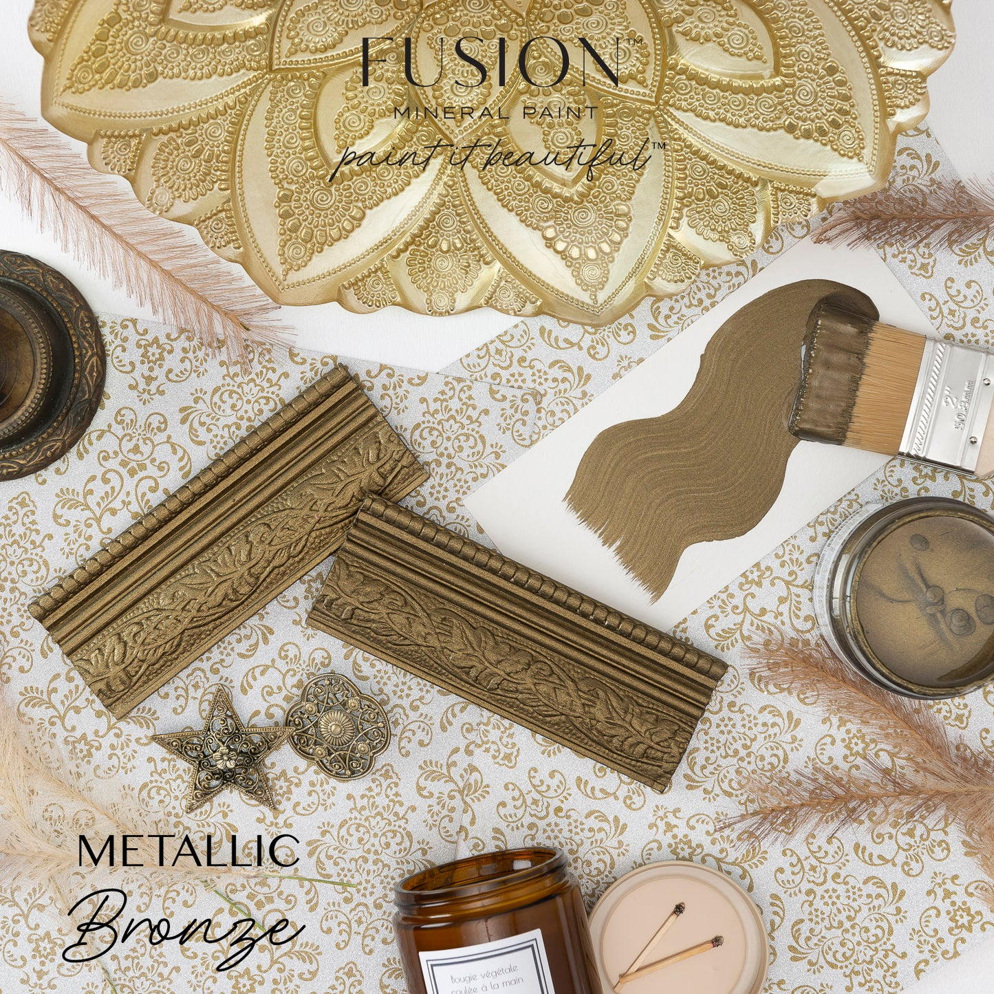 Fusion Metallic Paint in Metallic Bronze with decorative elements on a patterned background