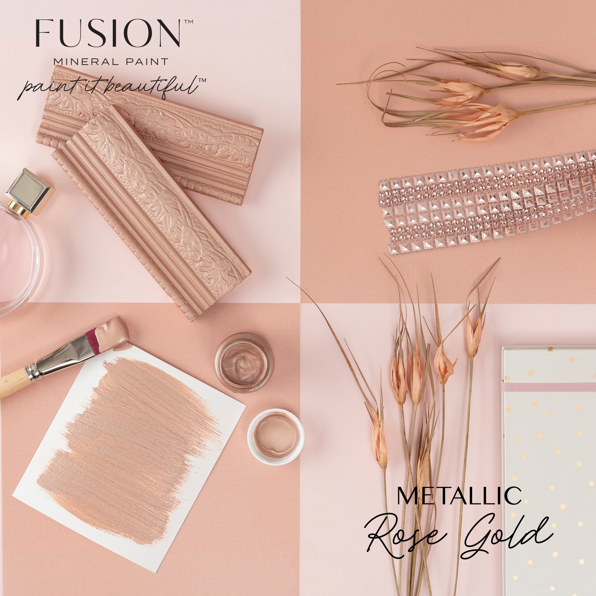 Fusion Mineral Paint metallic rose gold color swatch with paintbrush, container, and decorative elements on a beige background.