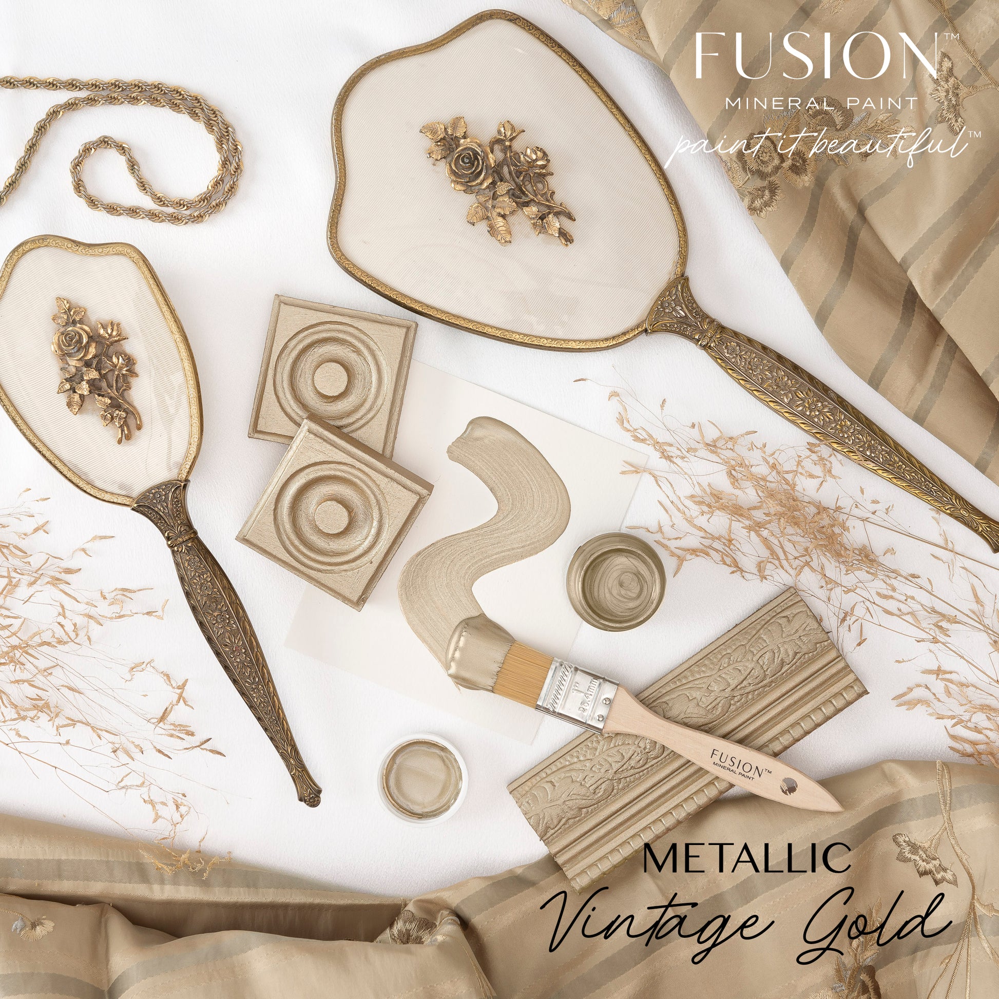 Decorative items with 'Fusion Mineral Paint' metallic vintage gold finish on a white background.