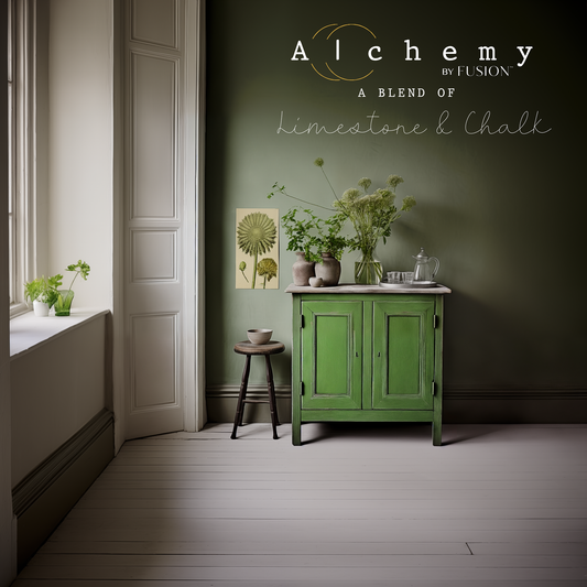 A jar of Alchemy by Fusion chalk paint in a chartreuse color, with a white label.