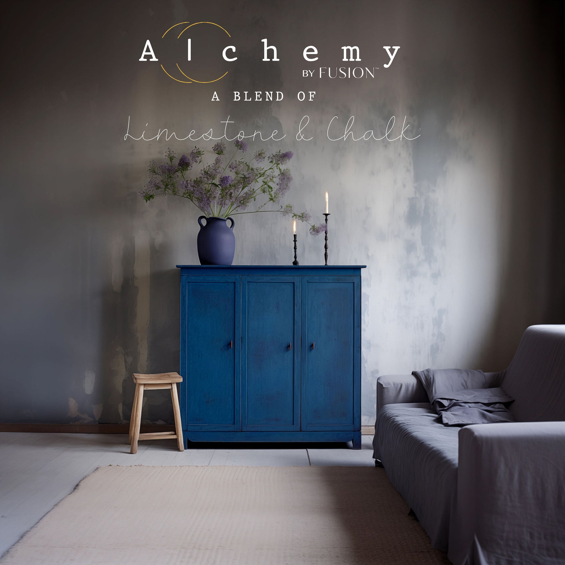 A jar of Alchemy by Fusion chalk paint in blue color, labeled Ocean.