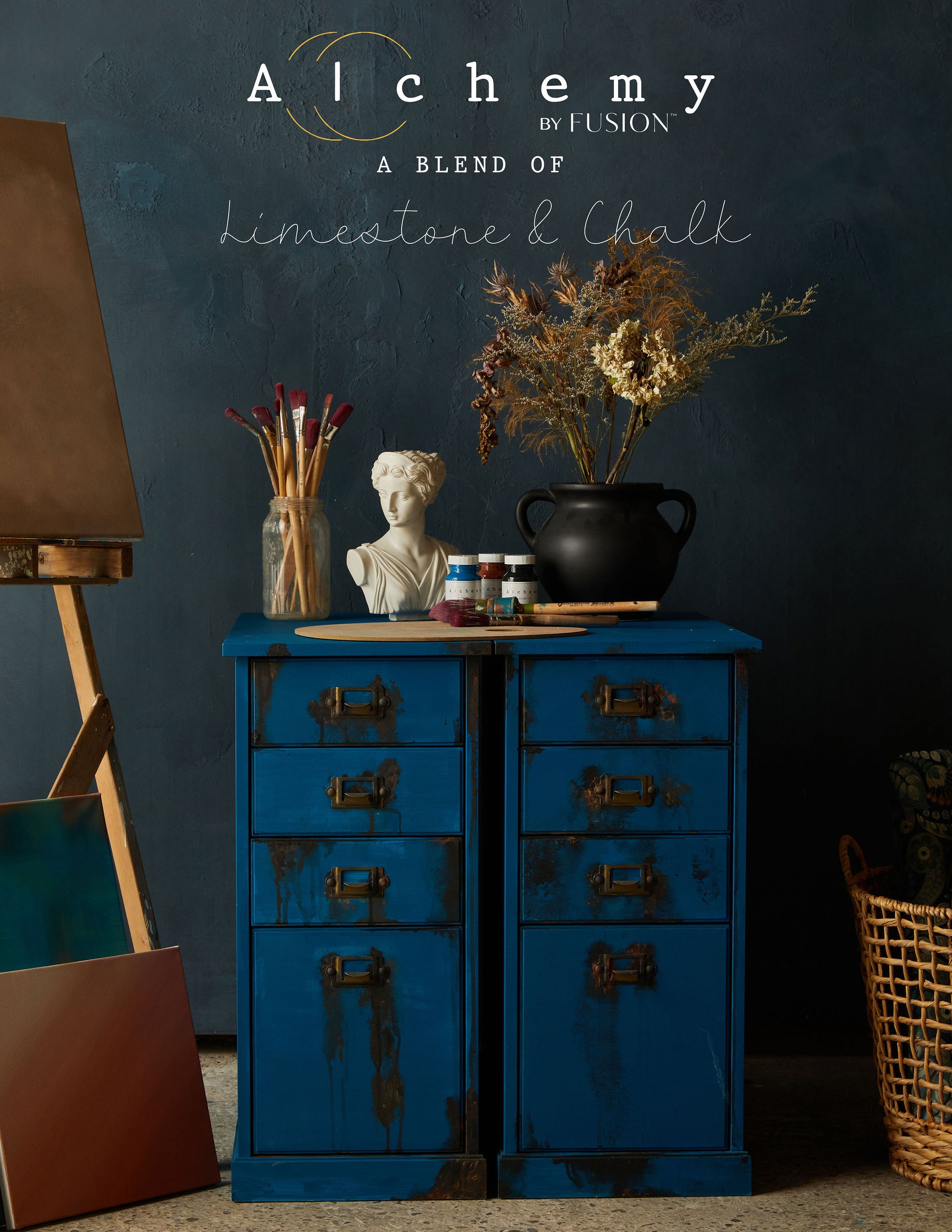 A jar of Alchemy by Fusion chalk paint in blue color, labeled Ocean.