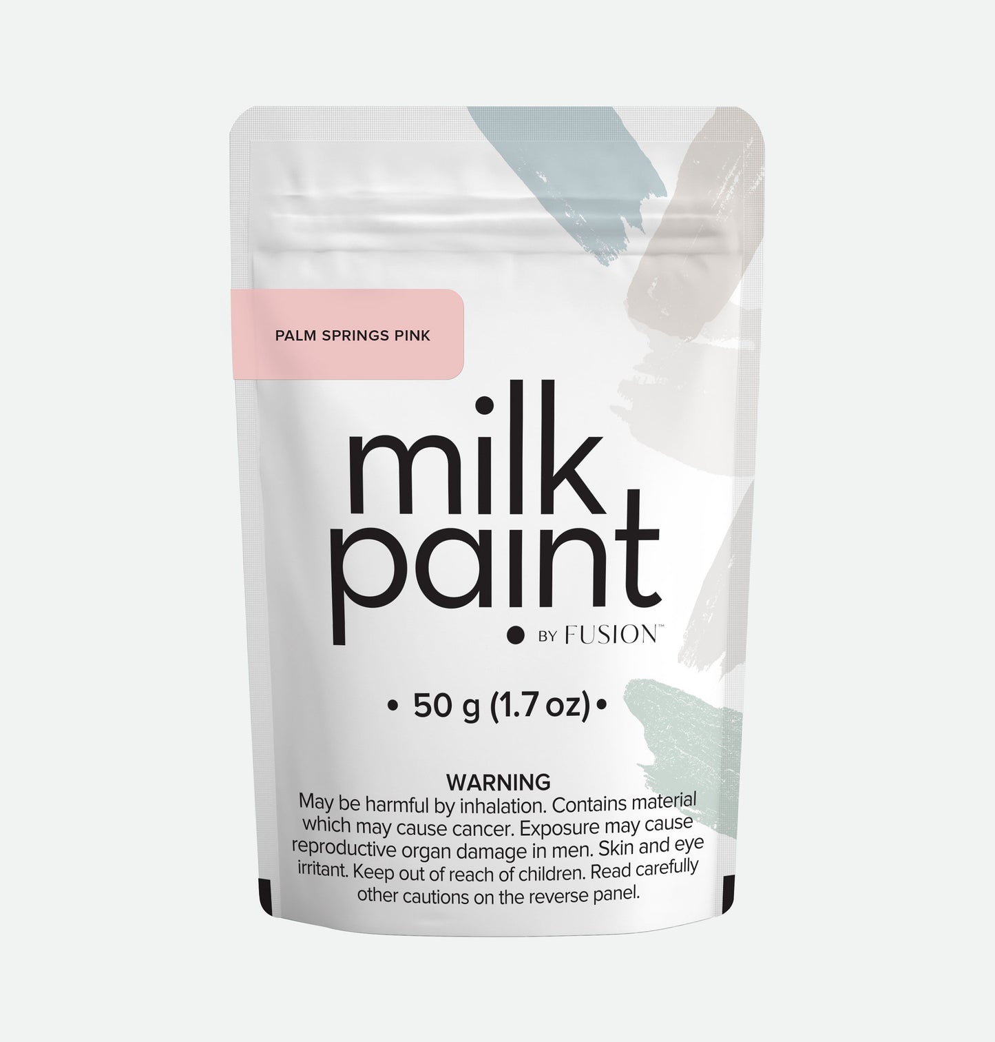 Packaging of milk paint by Fusion with a warning label on a white background