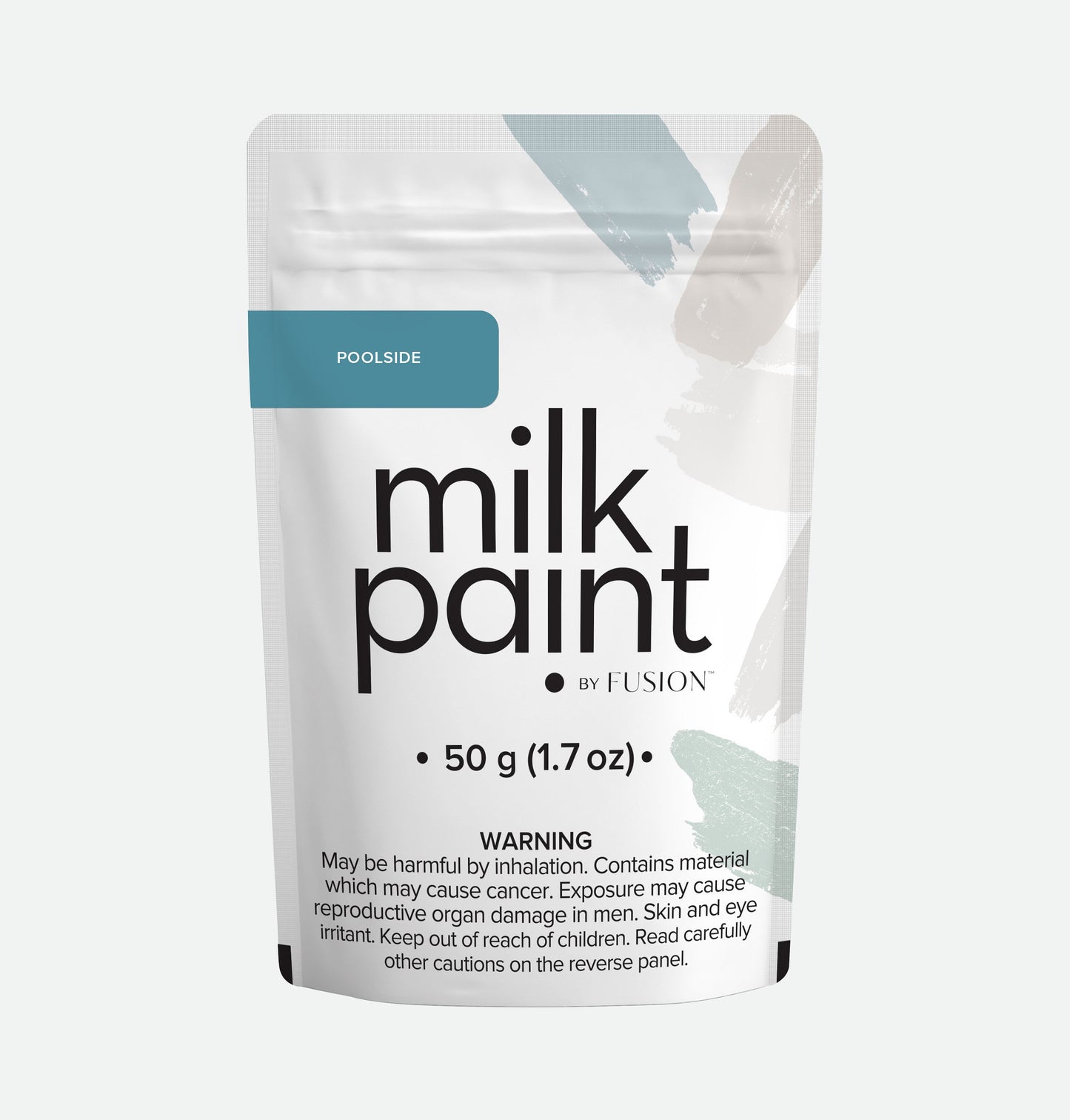 Packaging of milk paint by Fusion with 'Poolside' color swatch on a white background