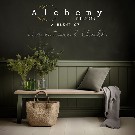 A jar of Alchemy by Fusion chalk paint in a rosemary green color, with a white label on the front.