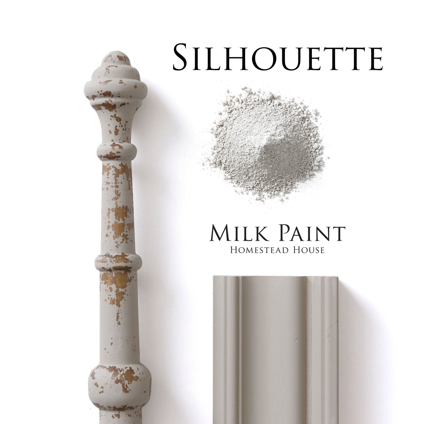 Milk paint sample with decorative spindle and 'Silhouette' branding on a white background