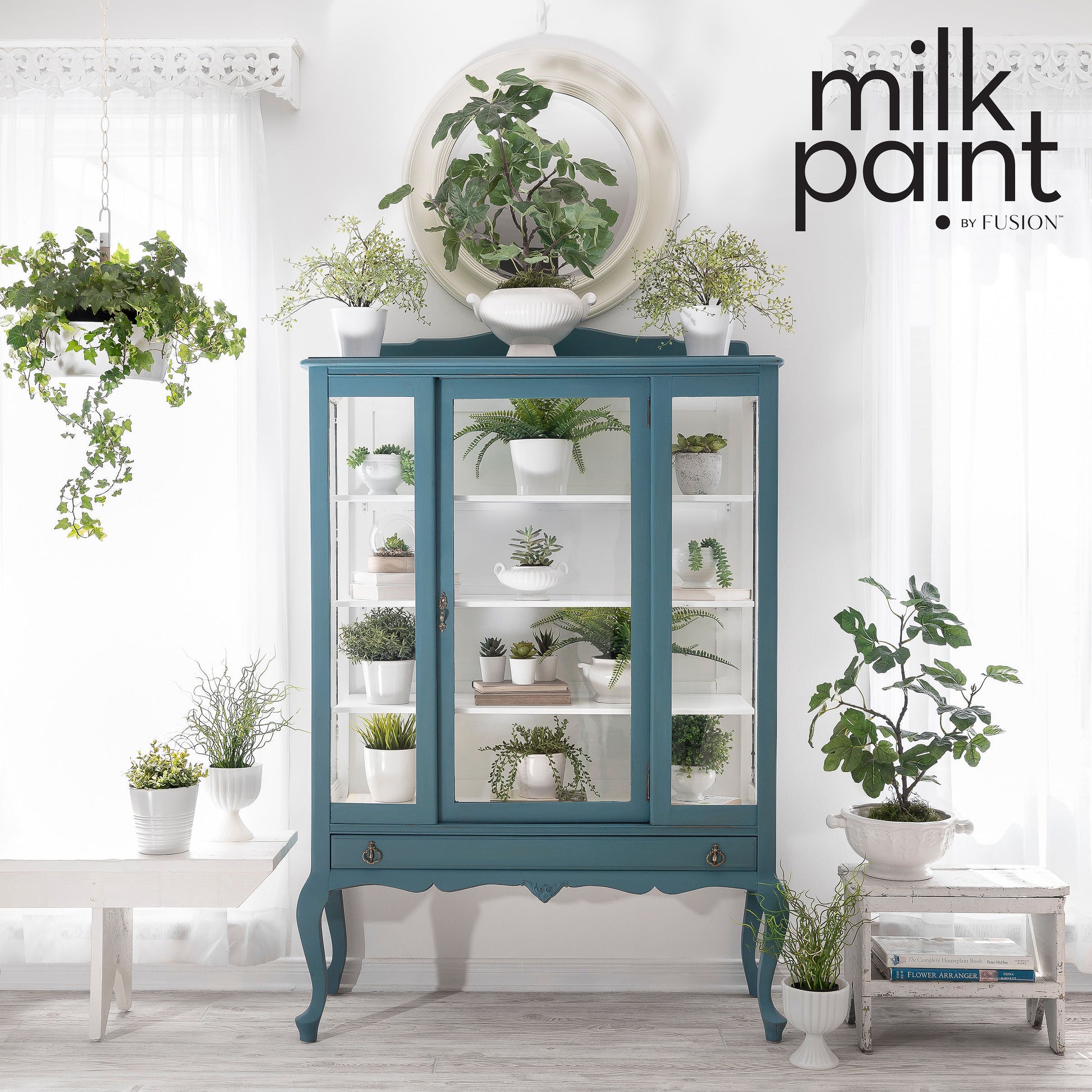 Blue glass-front cabinet with plants in a room decorated with milk paint by Fusion branding.