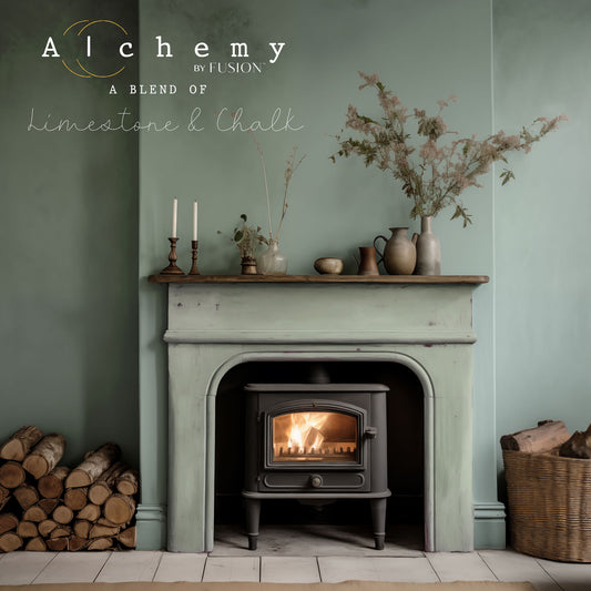 A jar of Alchemy by Fusion chalk paint in a thyme green color, with a white lid and a label that includes the product name and the color 'Thyme'.