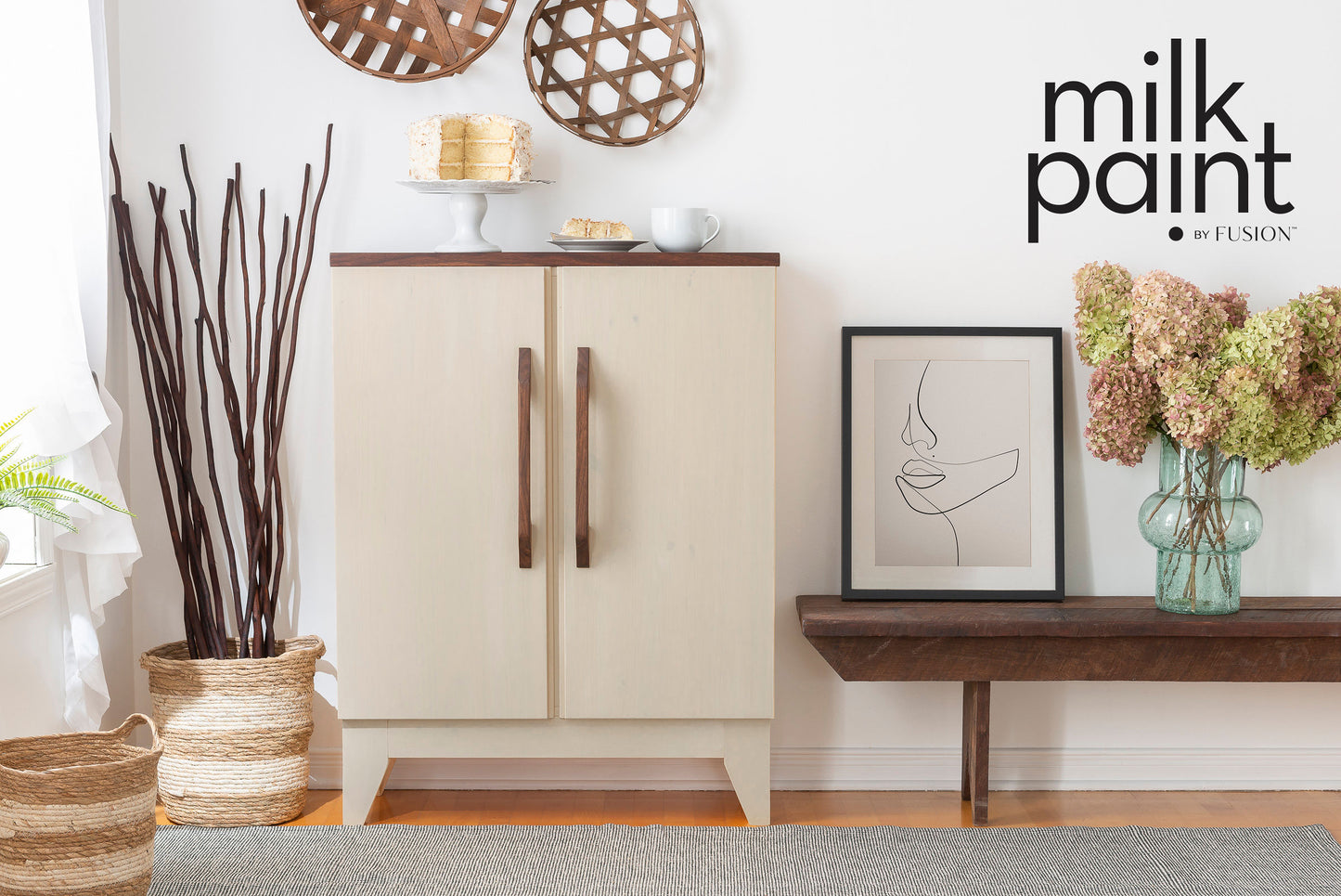 Furniture piece with milk paint finish in a home setting, featuring the Fusion Milk Paint logo.