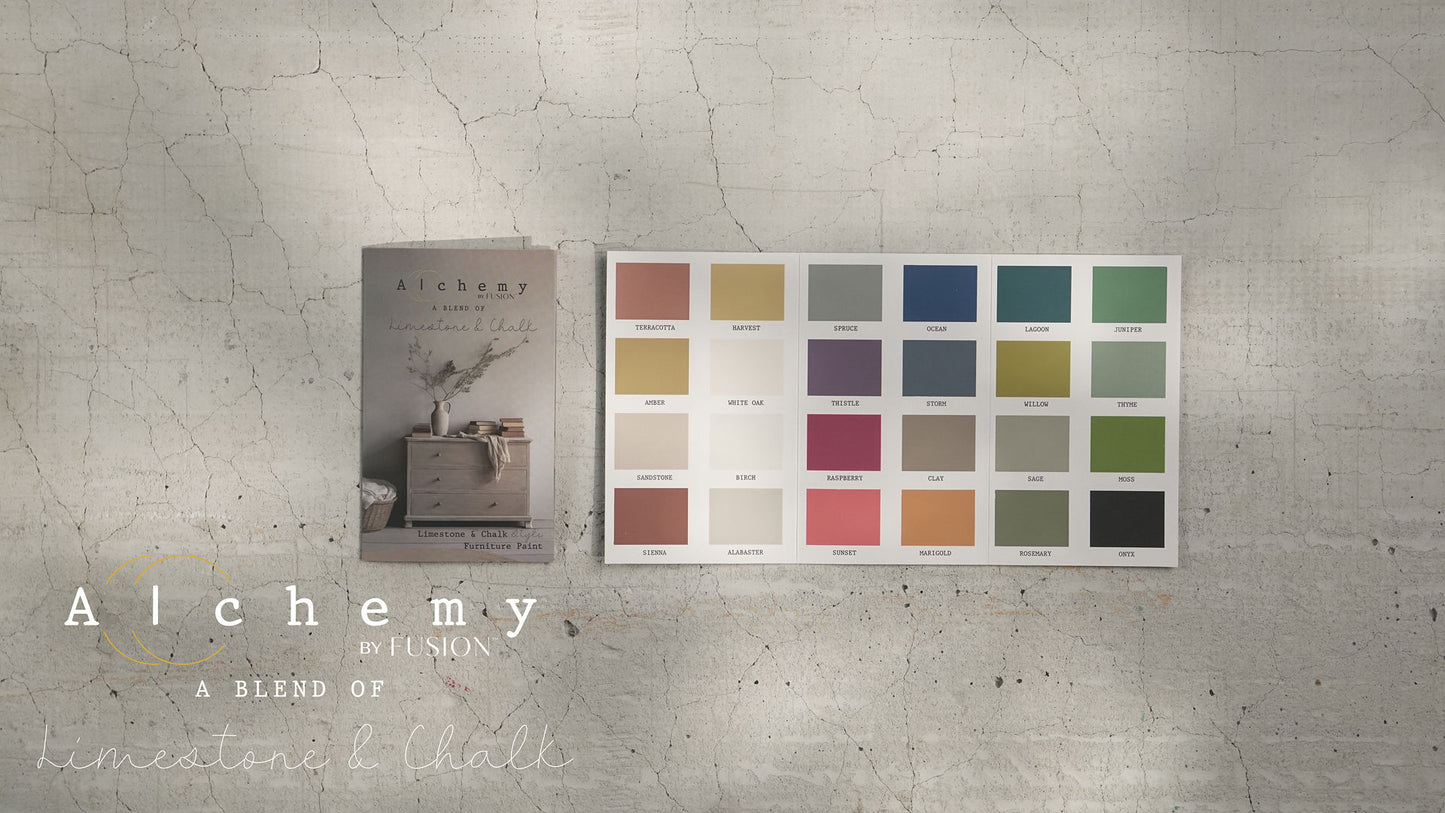 Color swatch chart for 'Alchemy' paint by Behr on a textured wall.