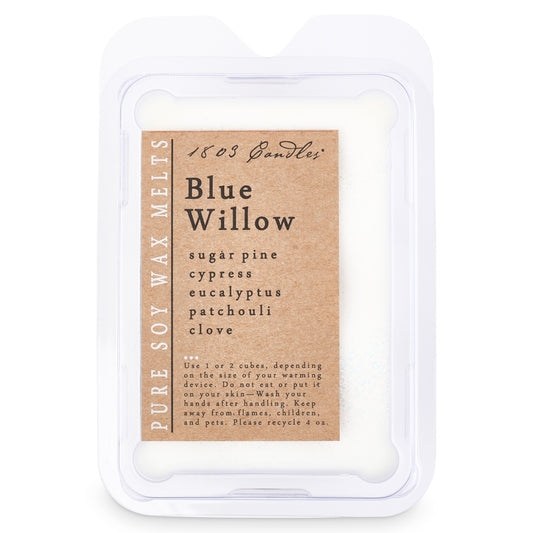 Pack of Blue Willow wax melts with a label on a white background