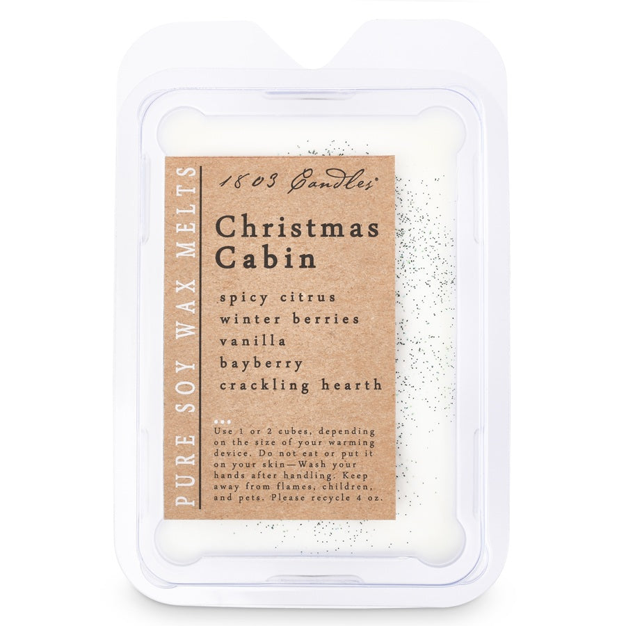 Christmas Cabin wax melt packaging with label on a white background