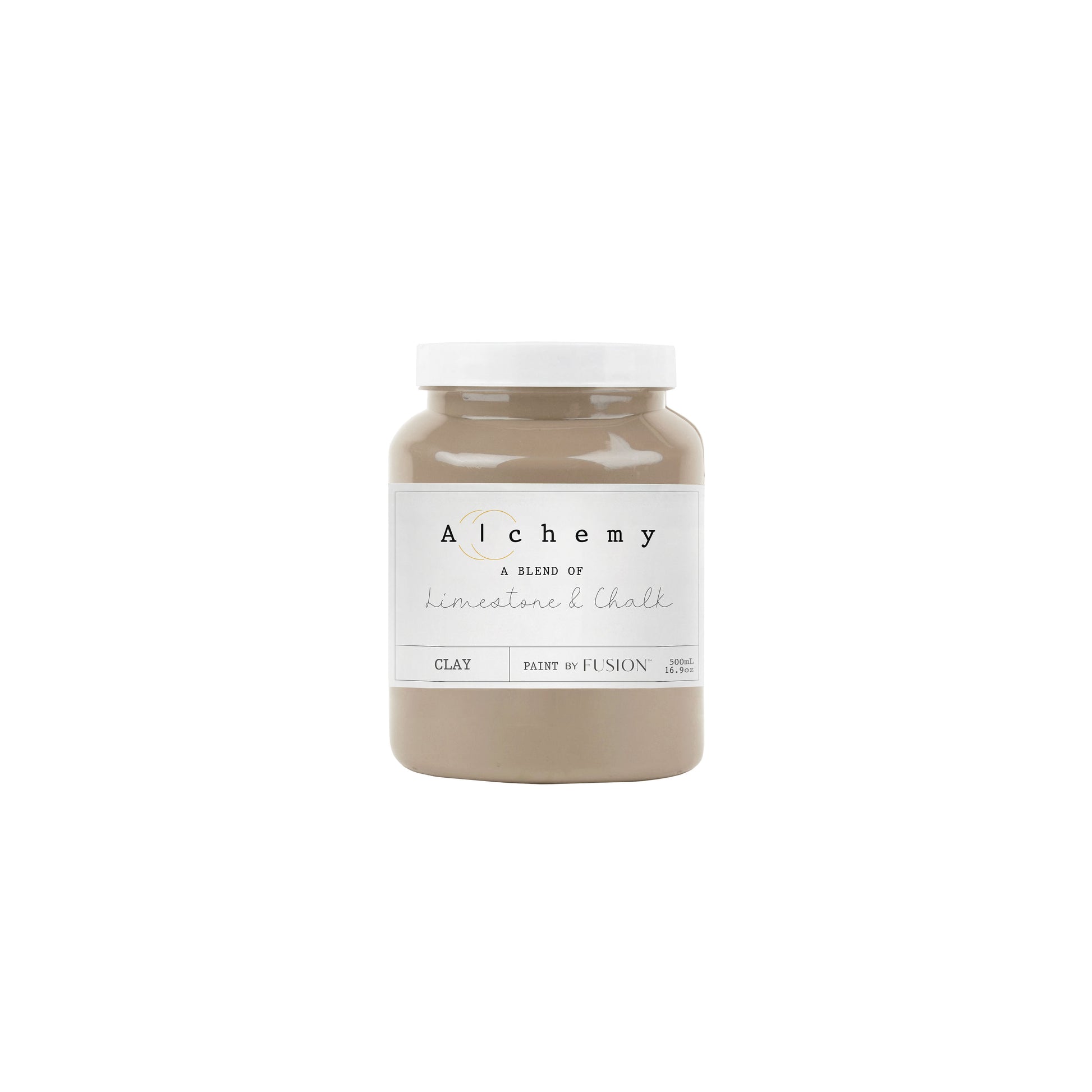 A jar of Alchemy by Fusion Clay paint in a deep taupe color with warm, grey tones.