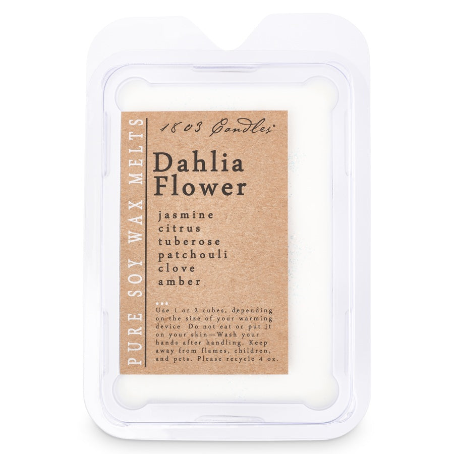Dahlia Flower soy wax melts packaging with a white border