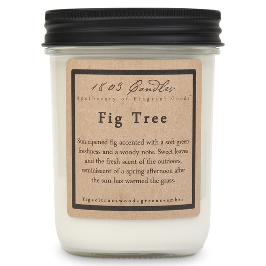 Candle labeled 'Fig Tree' with a black lid on a white background