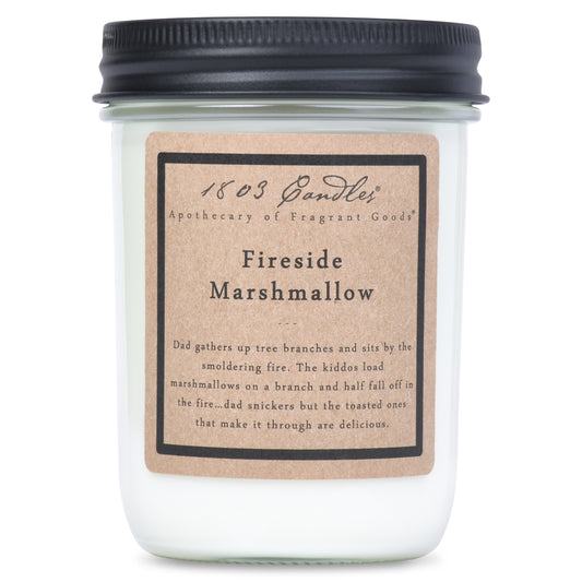 Candle jar labeled 'Fireside Marshmallow' with a black lid on a white background