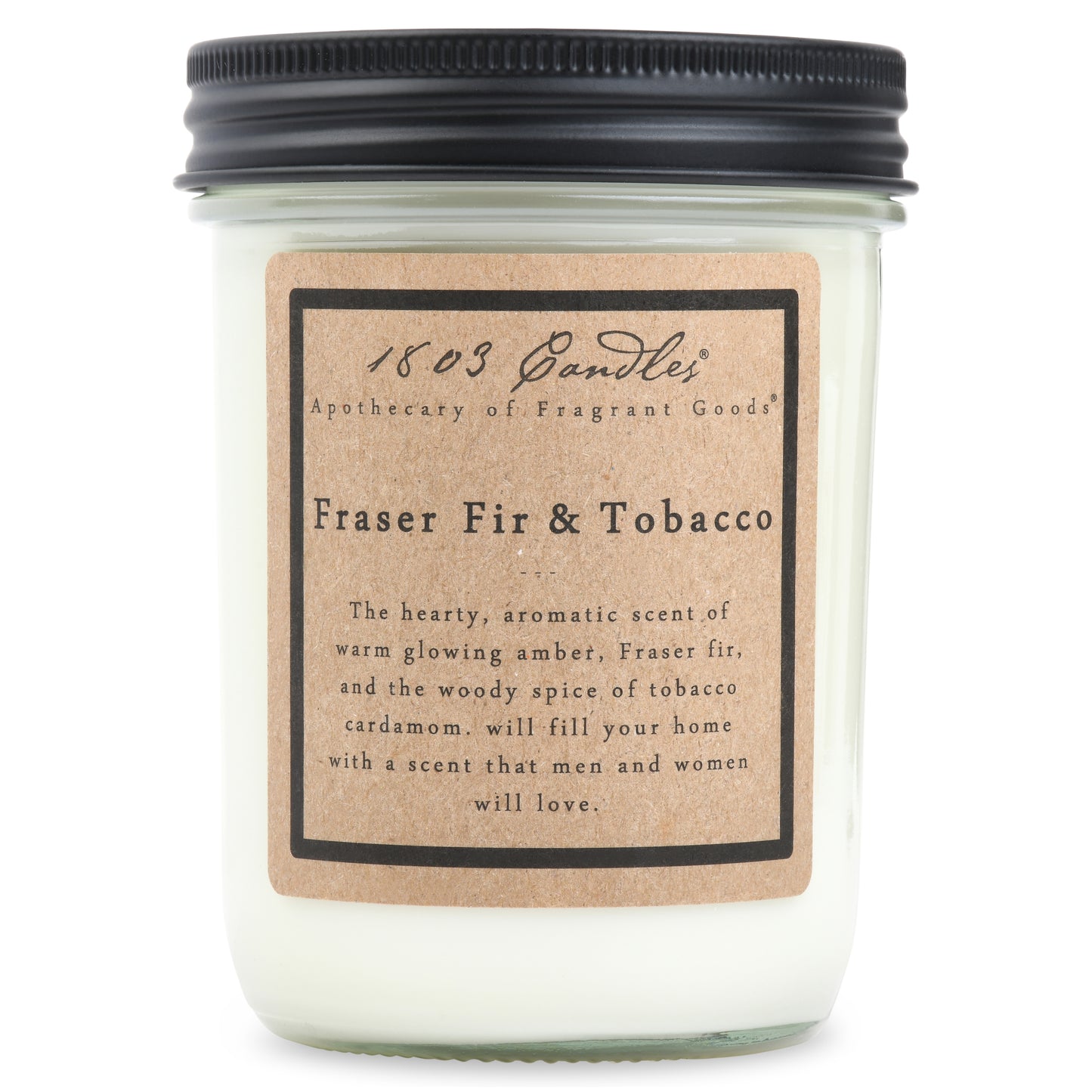 Candle jar with a label on a white background
