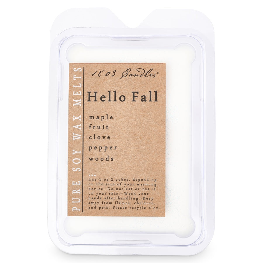 Pack of 'Hello Fall' soy wax melts with a cardboard label on a white background