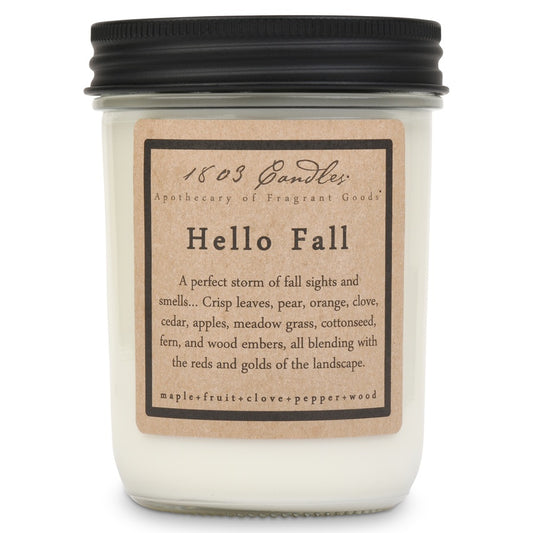 Candle jar labeled 'Hello Fall' with a black lid on a white background