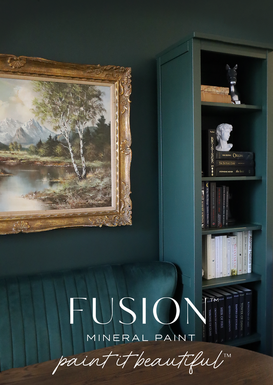Room interior with Fusion Mineral Paint branding, featuring a bookshelf and framed artwork.