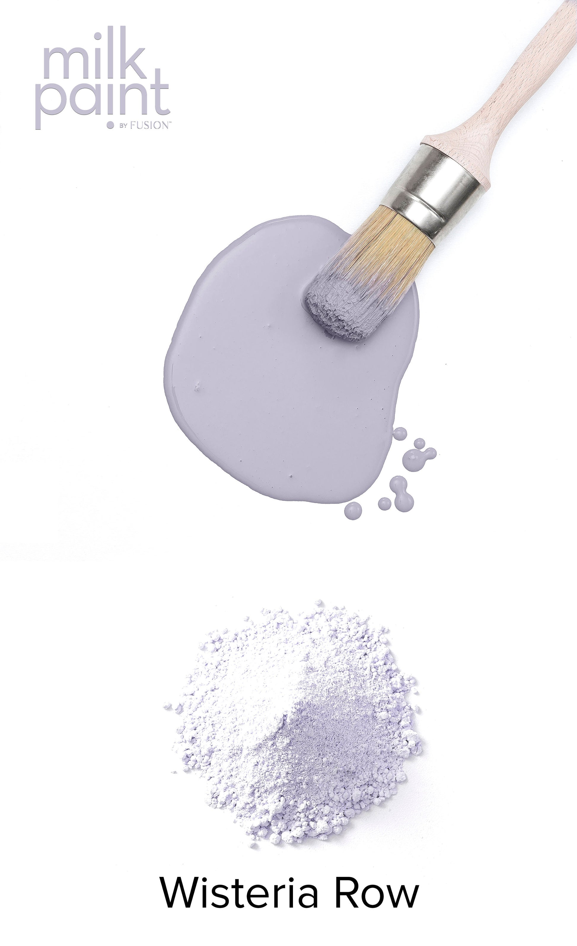 Milk paint in Wisteria Row color with a brush and powder on a white background